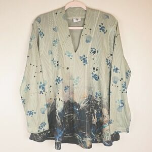Inoah Top Womens Medium Cool Ice Textured Blouse Green Artsy Art Floral.A208